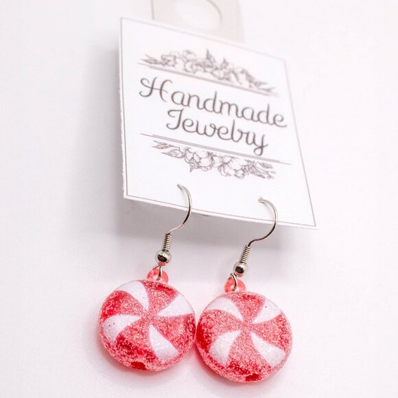 Handmade Jewelry Holiday Silvertone Peppermint Candy Earrings (Style #1), New - Picture 2 of 2